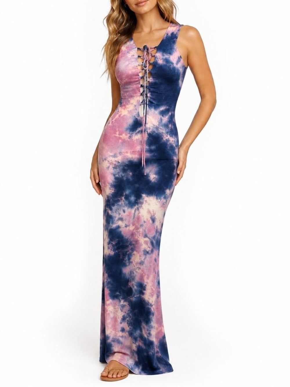 Tie-Dye Lace-Up Maxi Dress - Pink & Blue, size M.